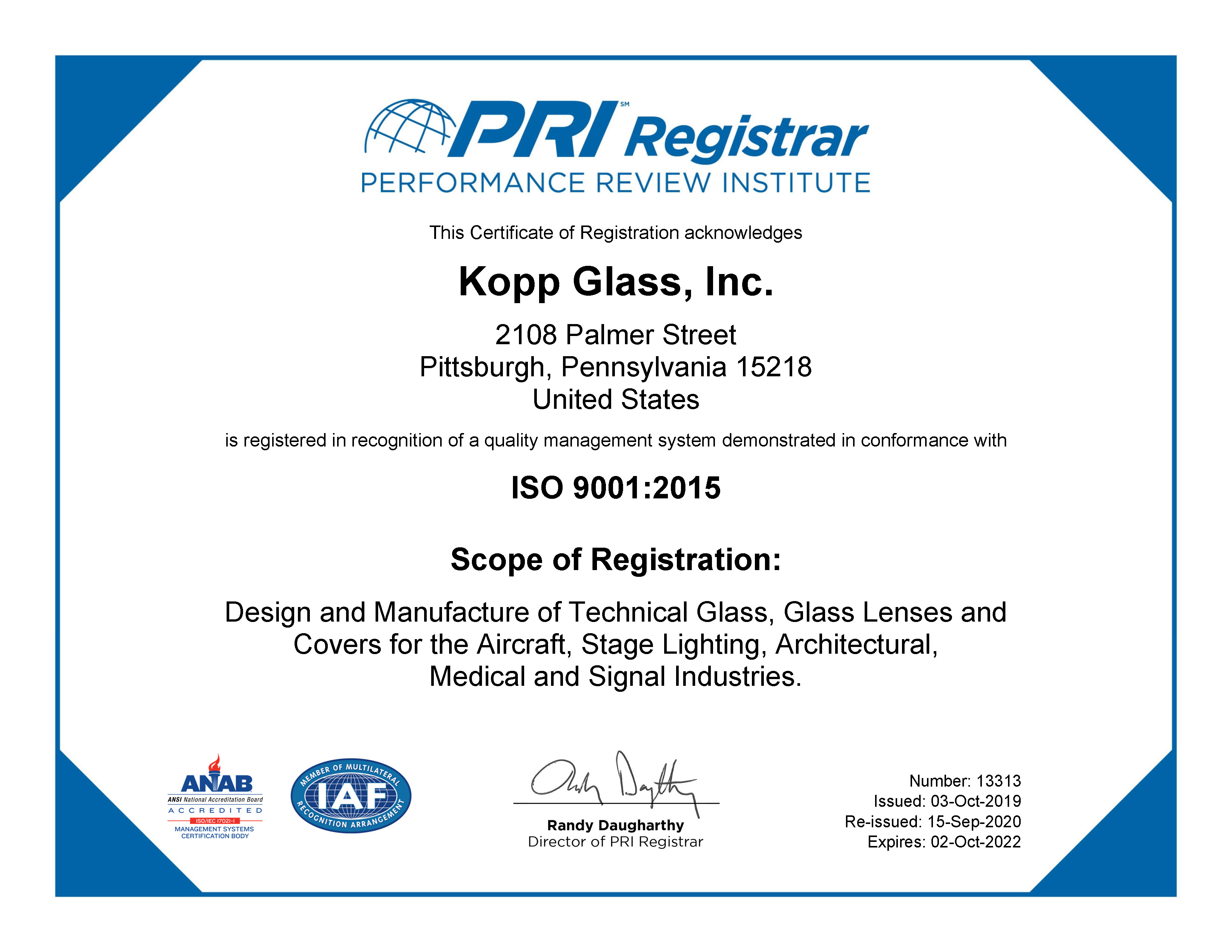 Kopp ISO 9001: 2015 Certificate